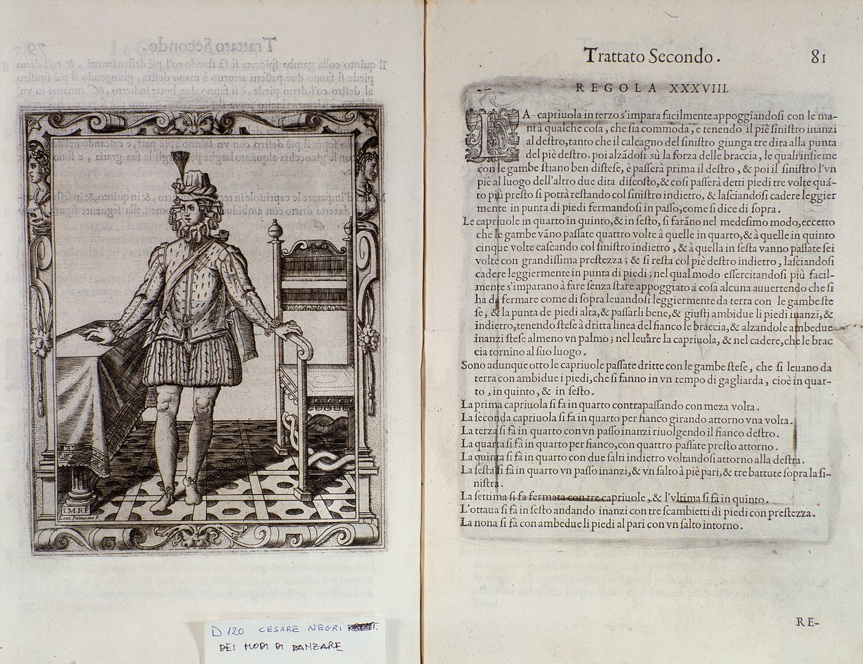 如何跳舞capriola Le Gratie dAmore的双页（Le Grazie dAmore）由意大利舞蹈家Cesare Negri称为The Trombone（1536-1604），舞蹈条约 作者 意大利学校