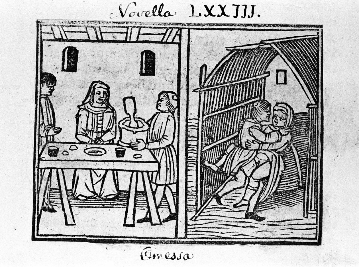 意大利作家乔瓦尼·薄伽丘（Giovanni Boccaccio dit Jean Boccaccio，1313-1375）的“十日谈”新闻第 73 期（新 3 日）插图。 雕刻在“”Decamerone ouer Cento nouelle” 威尼斯，Bartolomeo de 