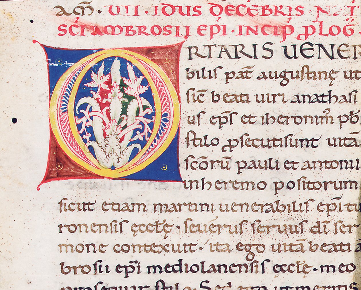 Vita Sancti Ambrosii与米兰的Paulinus的切工反面的第一个字母“ O”，可能来自托斯卡纳，约1150-75年（牛皮纸上的墨水） 作者 意大利学校