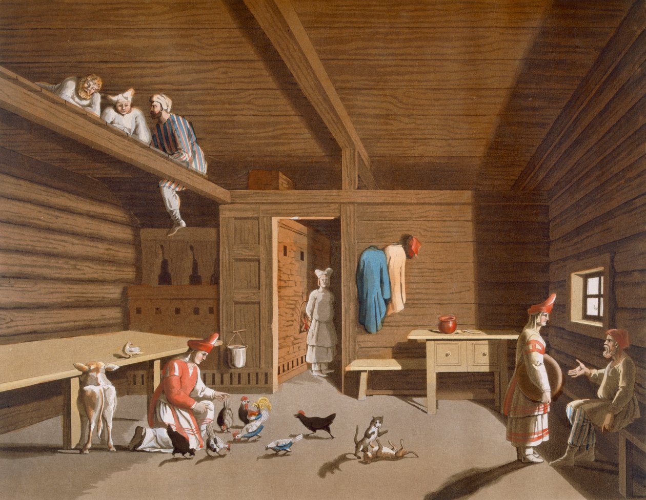 俄国农民家的内部，c.1820s-30s 作者 意大利学校
