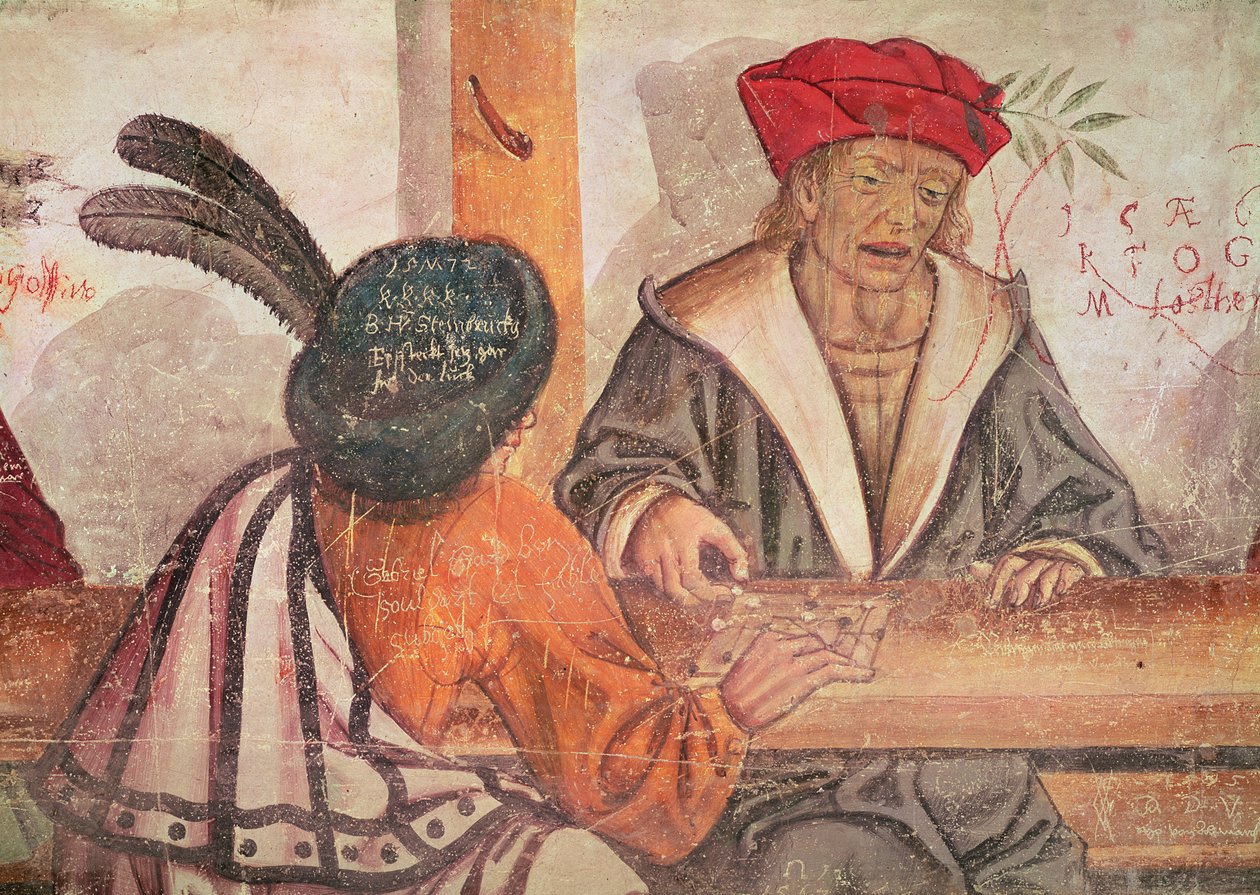 旅馆的内部，两个男人玩棋盘游戏的细节（壁画） 作者 意大利学校