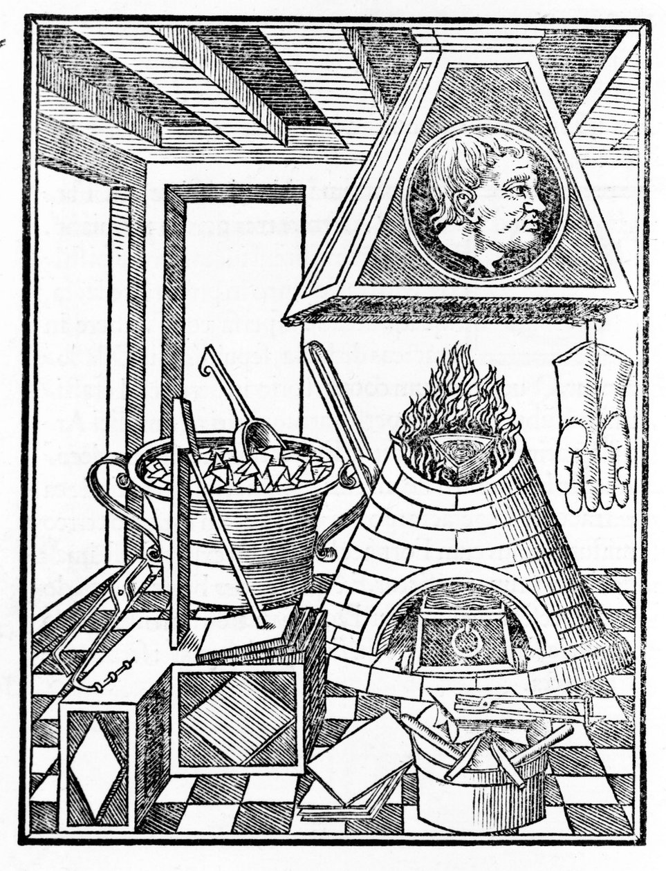 冶金车间的内部视图 雕刻自“Voarchadumia contra alchimiam ars distincta ab archimia et sophia..” 作者 Giovanni Agostino Pantheo (1517-1535) 作者 意大利学校