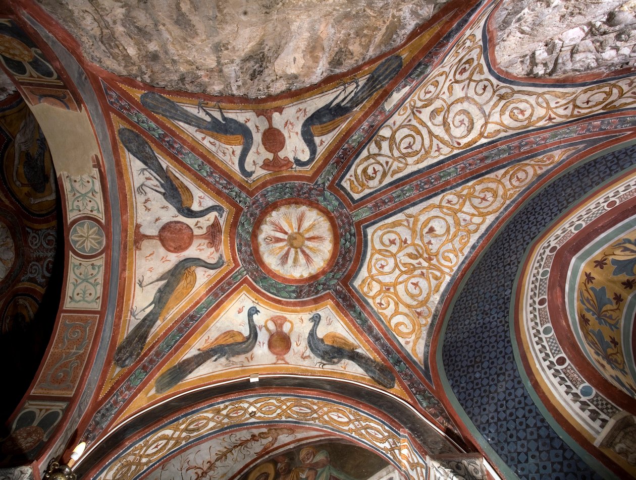 Interior view of the chapel of Saint Gregoire (Gregorio) decorated with frescoes of Byzantine influences made by the Roman school of the early 13th century. Monastery of Saint Benedetto (Sacro Speco), Subiaco (Rome), Italy 作者 意大利学校