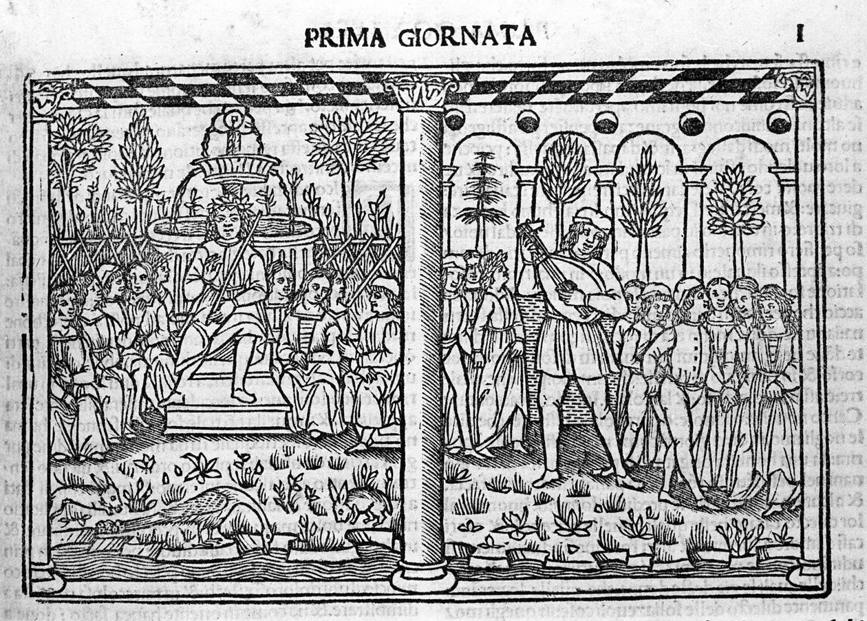 简介：十日谈的作者代表围绕着十个年轻人。 Giovanni Boccaccio 或 Jean Boccace (1313-1375) 的《十日谈》（1349-1351）第一天的插图，雕刻在“十日谈 ouer Cento nouelle”威尼斯，巴托尔 作者 意大利学校