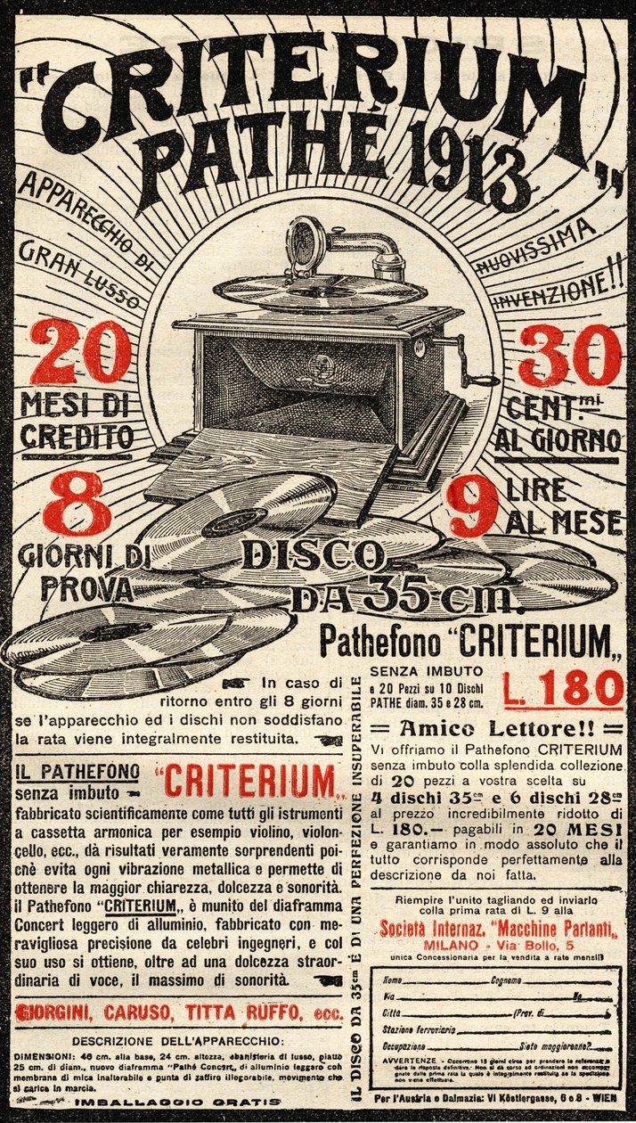 Pathé 品牌 Criterium 留声机的意大利广告。 作者 意大利学校