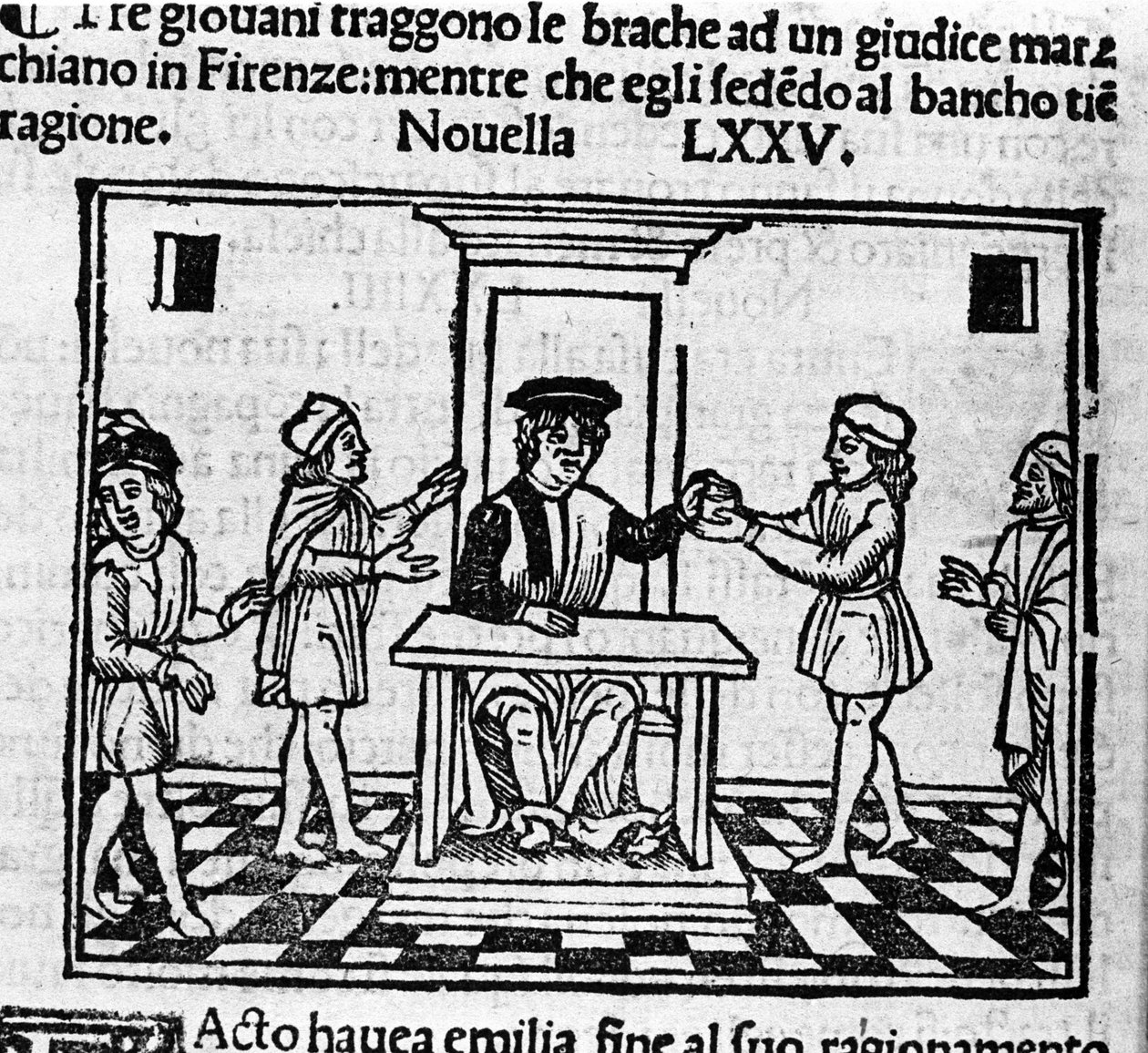 佛罗伦萨的审判现场。 意大利作家乔瓦尼·薄伽丘（Giovanni Boccaccio dit Jean Boccaccio，1313-1375）的“十日谈”新闻第 75 期（新 5 日）插图。 雕刻在“”Decamerone ouer Cento nouelle” 威尼斯，Bartolomeo de 