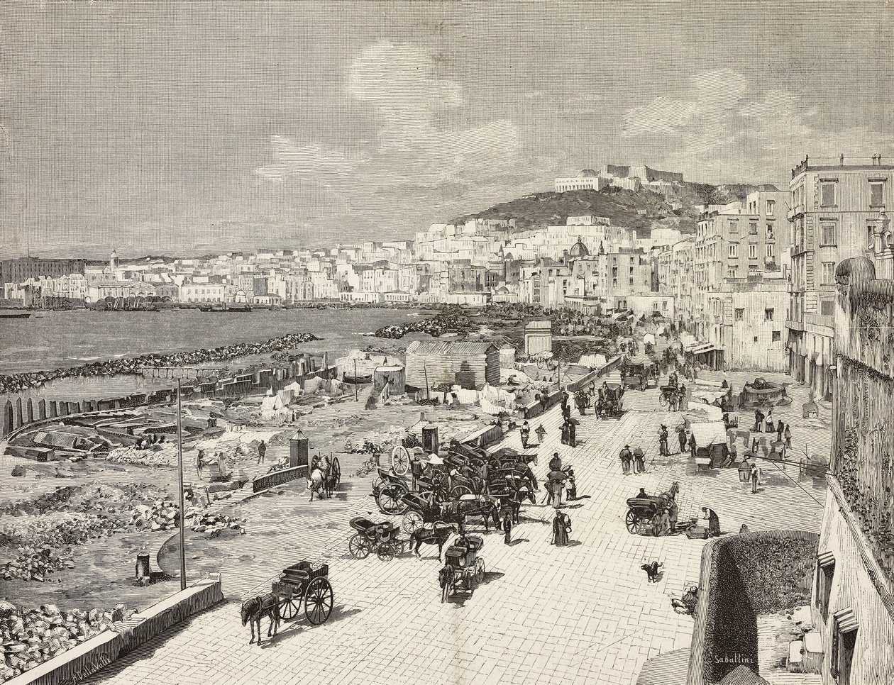 意大利那不勒斯的La Marinella，萨巴蒂尼根据A Della Valle的图画雕刻而成，出自《意大利插图》，第7期，2月17日 作者 意大利学校