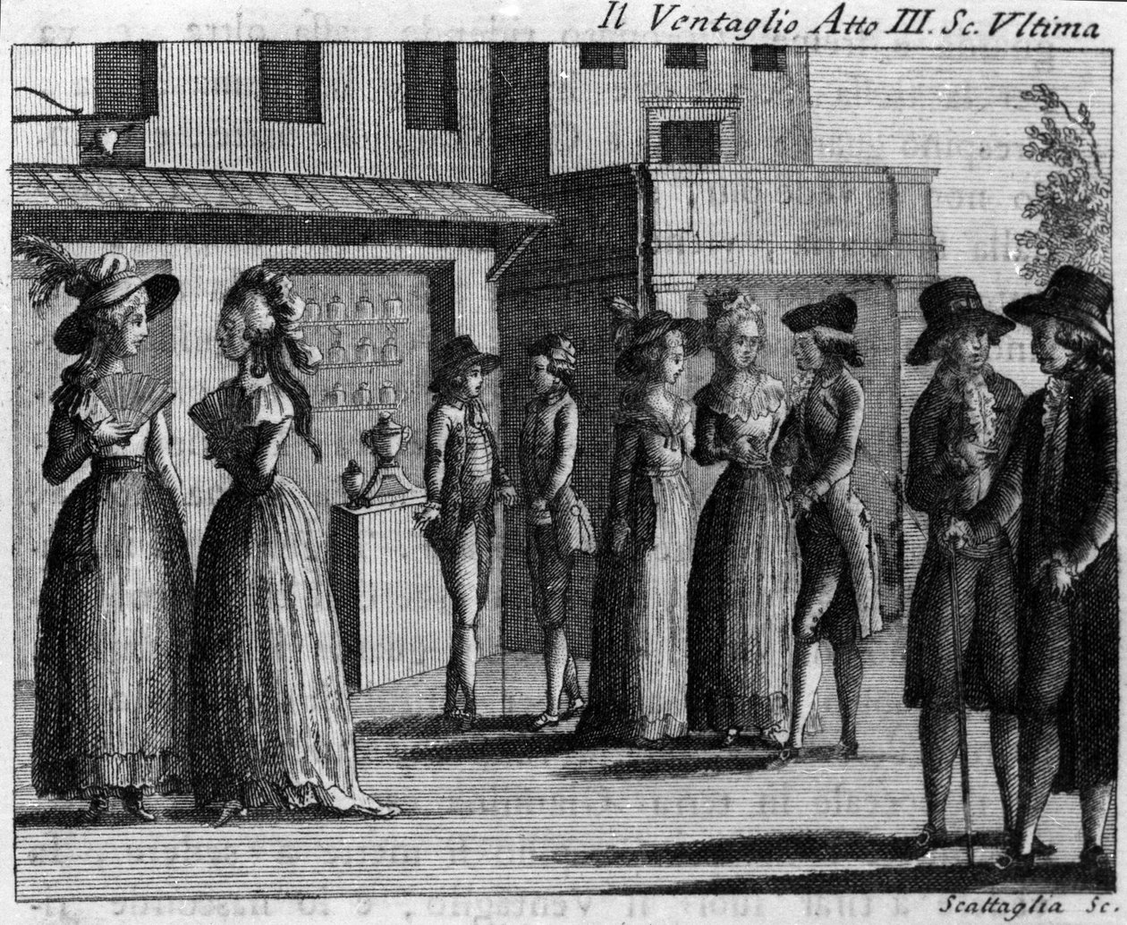 Last scene of Act III of the comic piece “” Il ventaglio”” (The eventel) (1764) by Carlo Goldoni (1707-1793). Engraving of the 18th century 作者 意大利学校