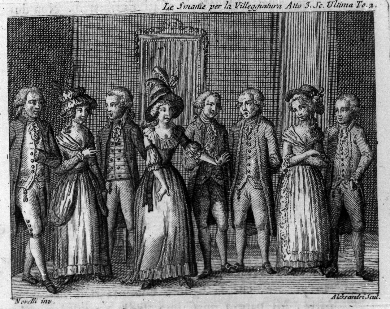 卡洛-戈尔多尼（1707-1793）的喜剧作品《城市》（1761）第三幕的最后一幕。18世纪的雕版画 作者 意大利学校