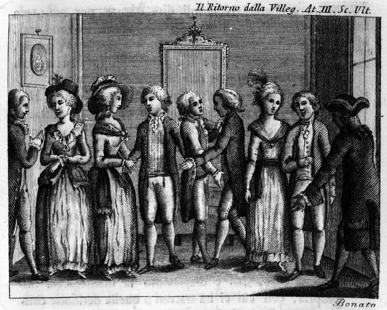 Carlo Goldoni（1707-1793）的漫画作品“Ritorno della villeggiatura”（城市回归）（1761）第三幕的最后一幕。 18 世纪的雕刻。 作者 意大利学校