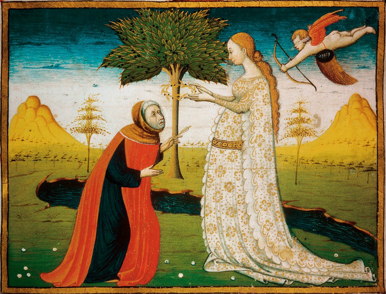 劳拉 (Laure) de Noves (1308-1348) 为诗人弗朗切斯科·佩特拉克 (Francesco Petrarca) 加冕。 作者 意大利学校