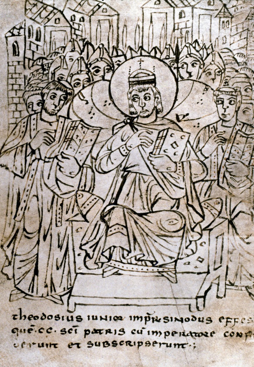 Lombard Art: “” Emperor Theodosius II (401-450), grandson of Theodosius I, at the Council of Ephesus on 22/06/431, condemning nestorianism (of the Patriarch Nestorius or Nestorios)”” Drawing with pen on parchment draws from a treaty of canonical rights. 9t 作者 意大利学校