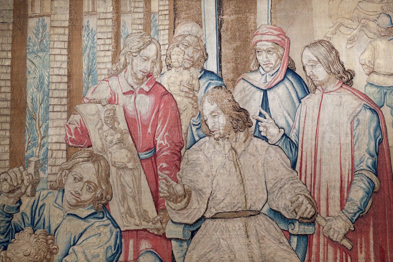 洛伦佐大帝在圣马可的美第奇花园的雕塑家和画家中。1516年的挂毯。热那亚。意大利。 作者 意大利学校