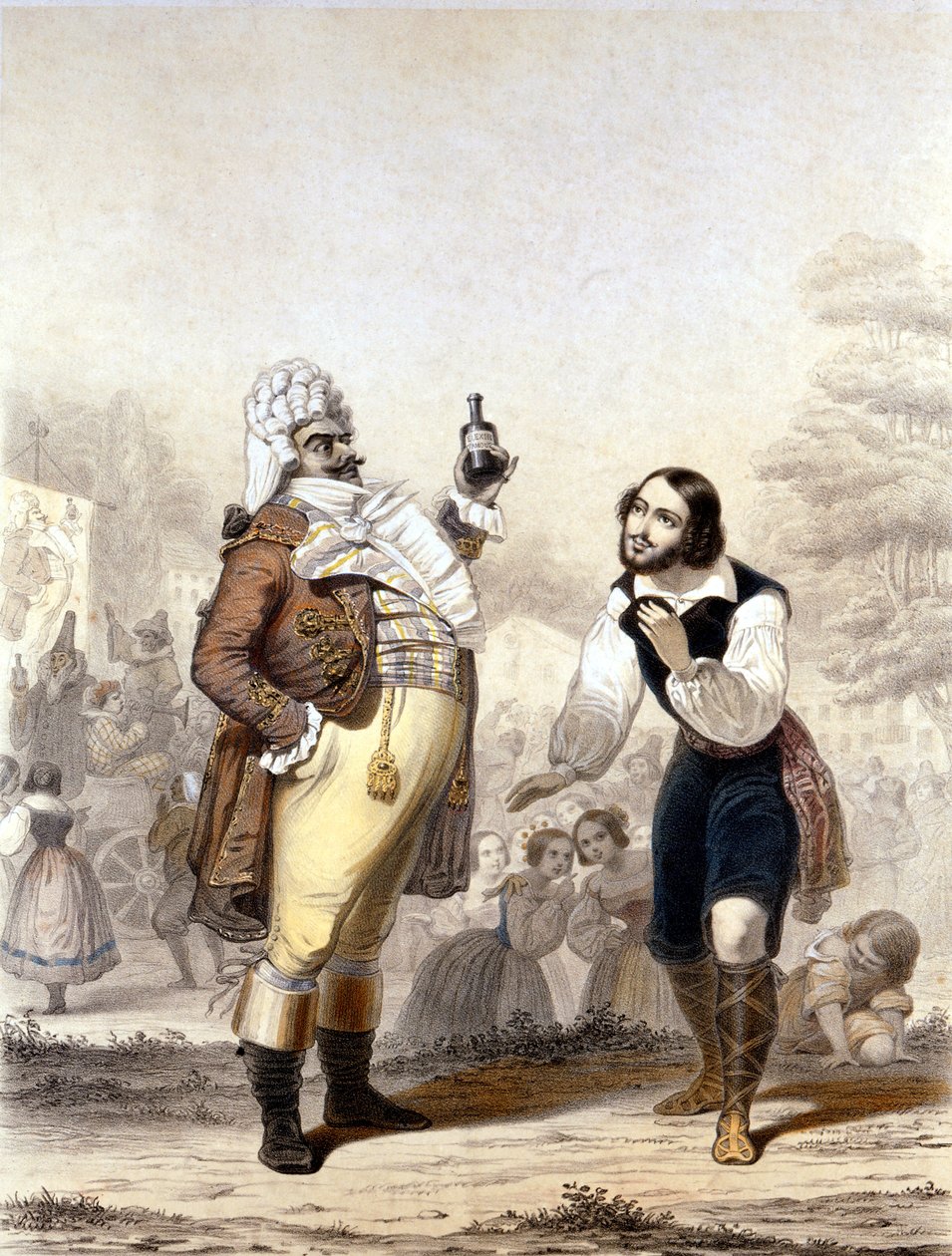 Luigi Lablache和Mario di Candia在歌剧The Elixir of Love的一个场景中 作者 意大利学校