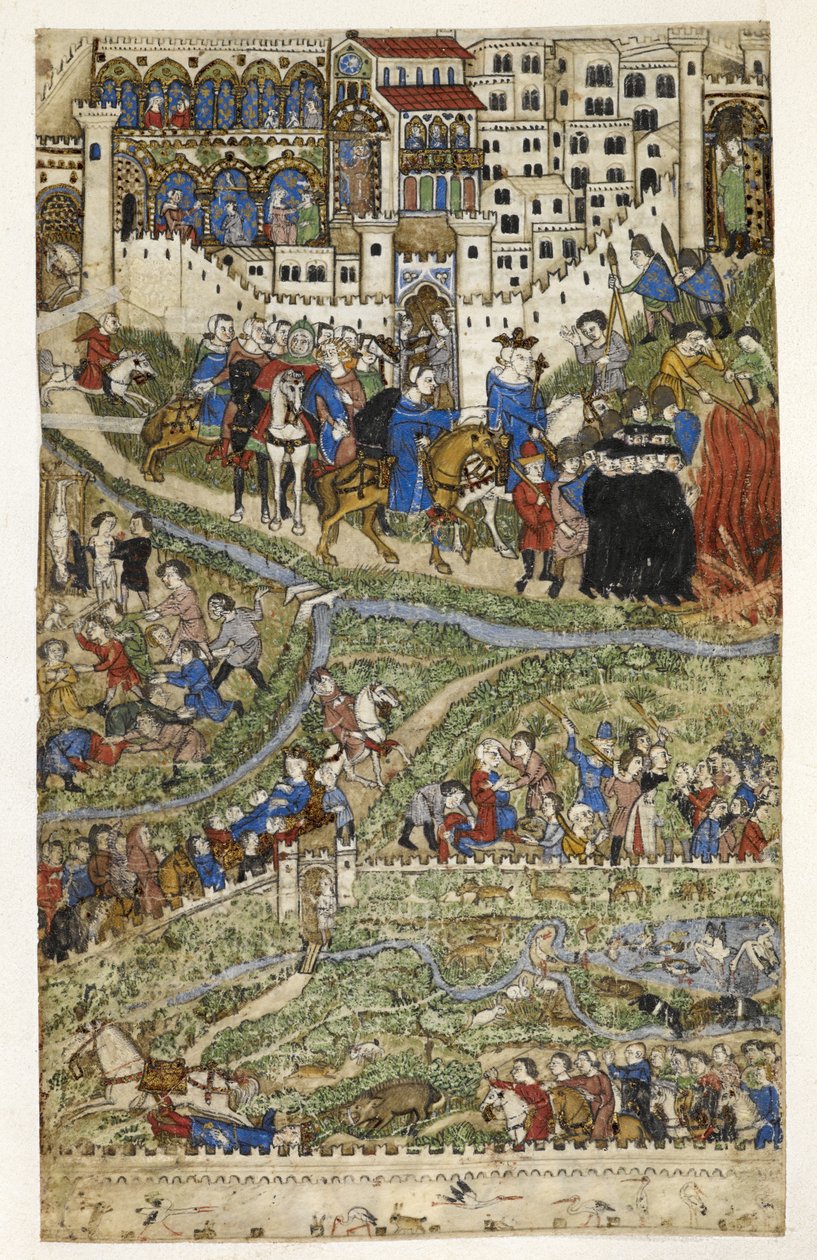 MS Add.27695 fol.6v 圣殿骑士团的毁灭和法国国王菲利普四世（1268-1314 年）之死，热那亚的科查雷利《恶习论》中的插图，14 世纪晚期（牛皮纸）。 作者 意大利学校