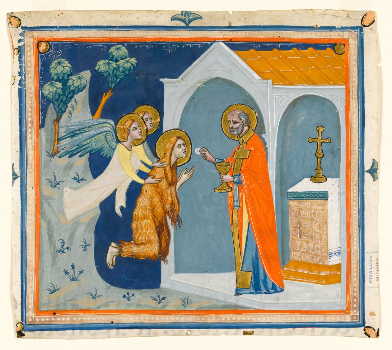 MS McClean folio 201.4 r St. Mary Magdalene，在艾克斯周围的荒野中，被天使带到圣马克西姆，他管理着她的最后一次圣餐，c.1330 作者 意大利学校