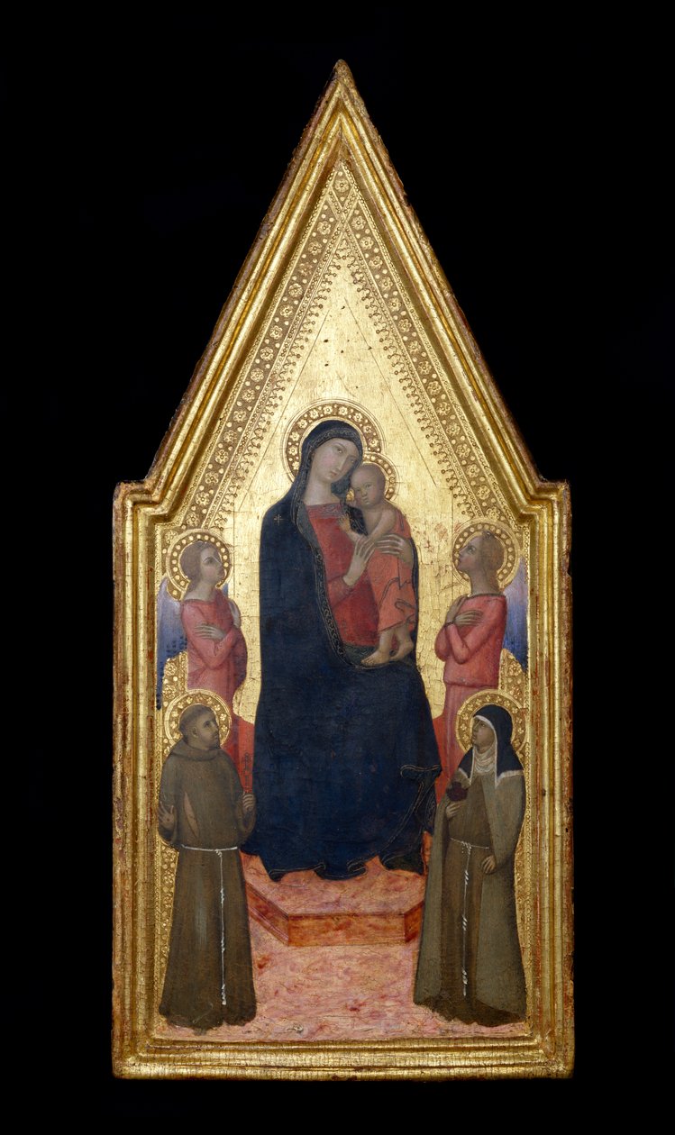 麦当娜和圣弗朗西斯，圣克莱尔和两个天使的孩子，1340-50（面板上的蛋彩画和金箔） 作者 意大利学校