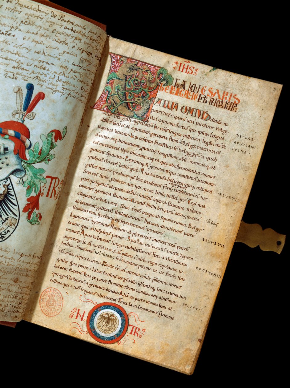 朱尔斯-凯撒（Giulio Cesare或Caius Julius Caesar）（公元前100-44年）的手稿 "De Bello Gallico, Comments on the War of the Gauls"（ms. 541），手稿所有者人文主义者Niccolo Tranchedini的标记。14世纪那不勒斯Riccardiana图书馆 作者 意大利学校