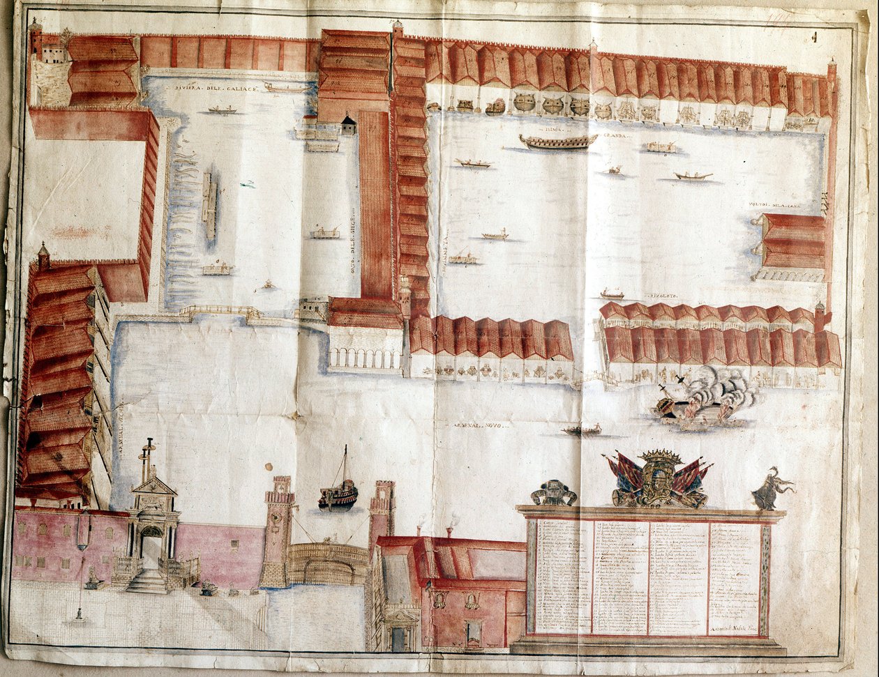 1580 年威尼斯兵工厂的地图。 作者 意大利学校