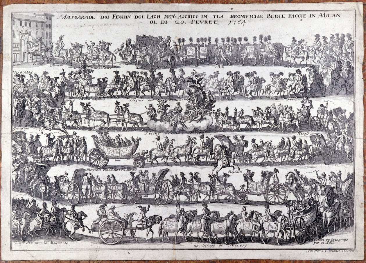 化装舞会：在狂欢节之际，人们戴着面具游行和跳舞。 米兰 20/02/1764 18 世纪的雕刻 作者 意大利学校