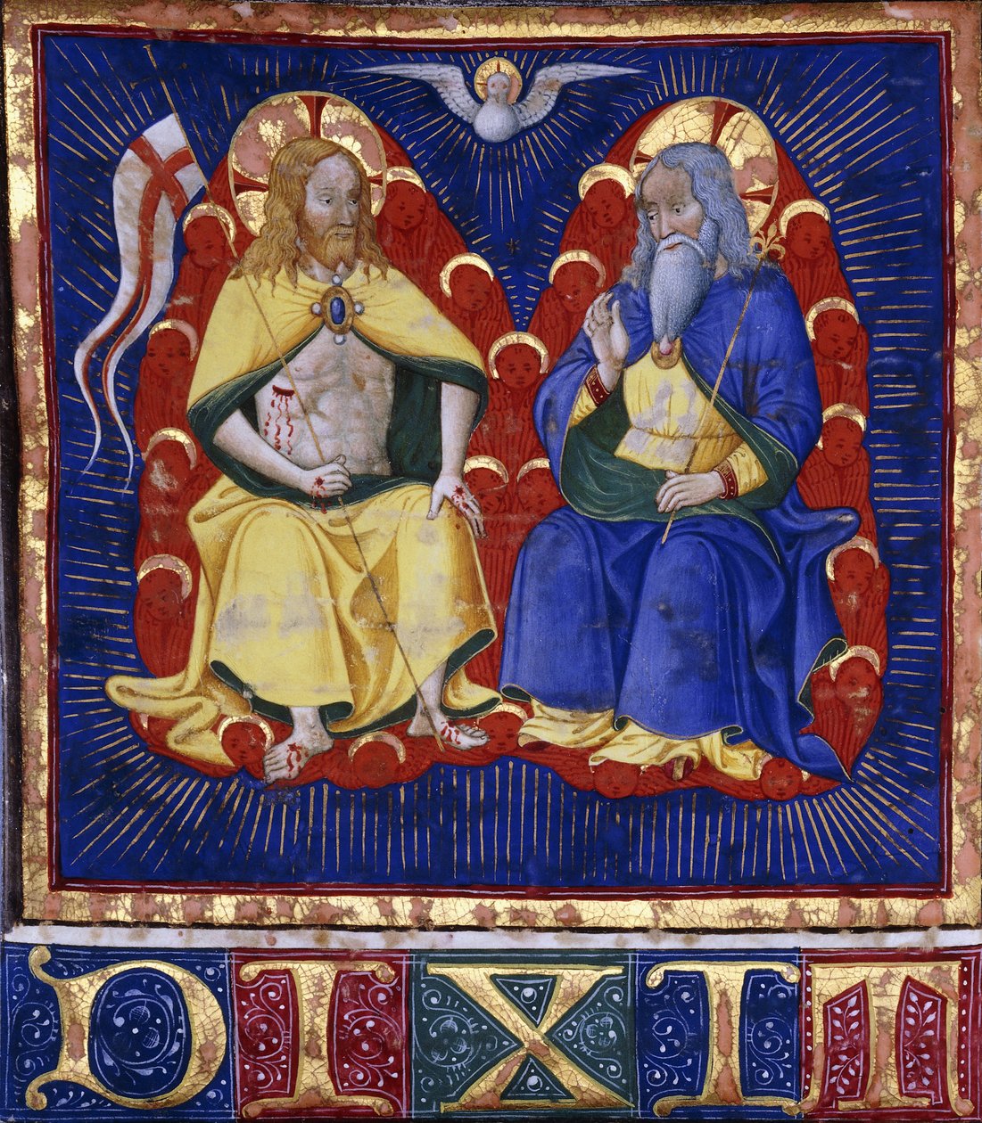 《Master of the Vitae Imperatorum: The Trinity》，来自牛皮纸上的彩绘唱诗班小册子，约 1440 年（牛皮纸上的油漆和抛光金色） 作者 意大利学校