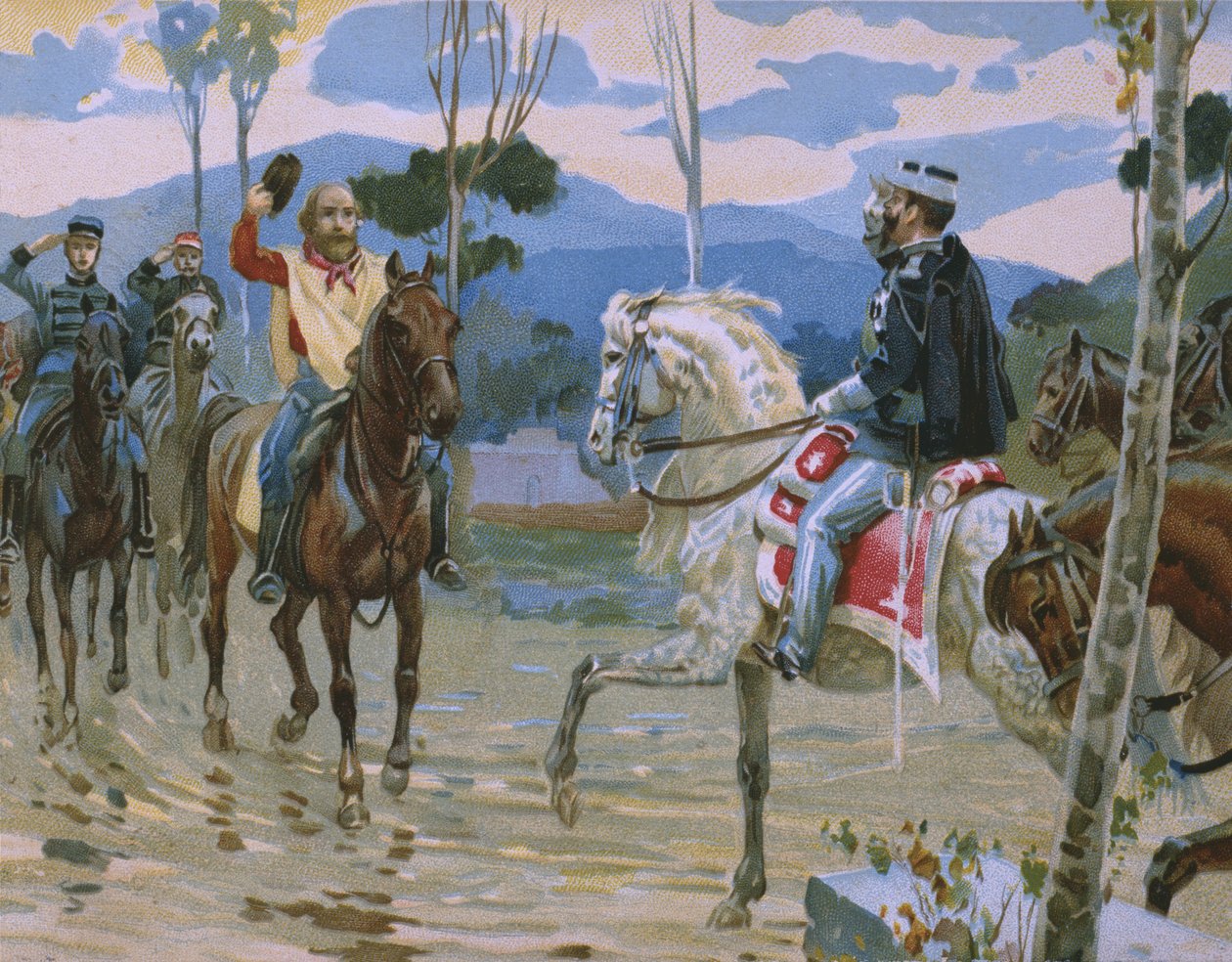 1860年10月26日在Teano与Giuseppe Garibaldi和King Victor Emmanuel II（1820-78）会面，来自Risorgimento历史专辑的插图，用于制作巧克力Talmone，la 作者 意大利学校