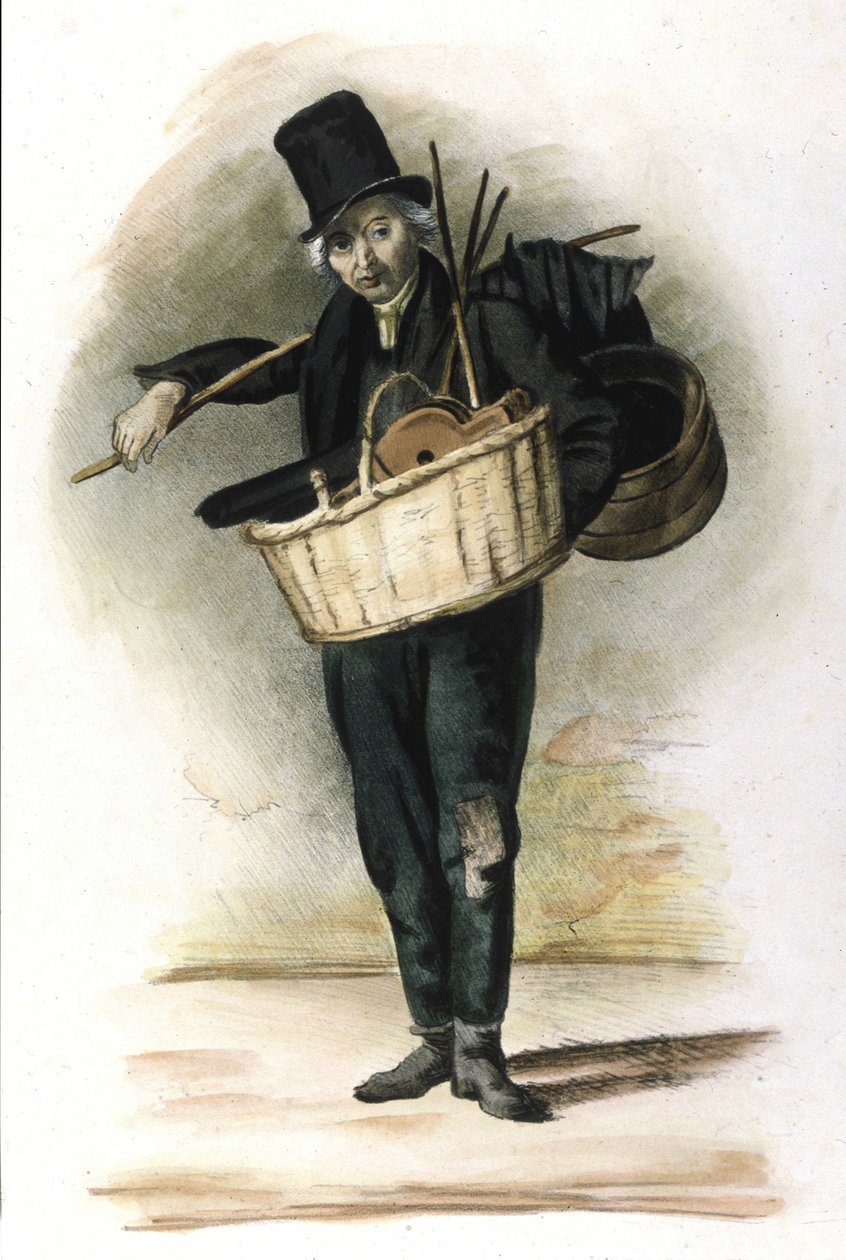 Milanese Metier：雨伞、雨伞和风箱的维修商。洛卡诺1830年的版画。 作者 意大利学校