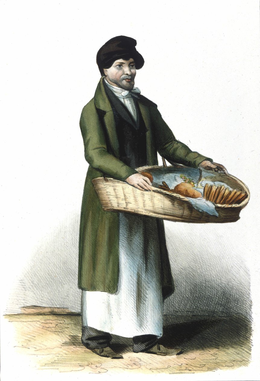 Milanese Metier：卖饼干和蛋糕的人。1830年洛迦诺版画。 作者 意大利学校