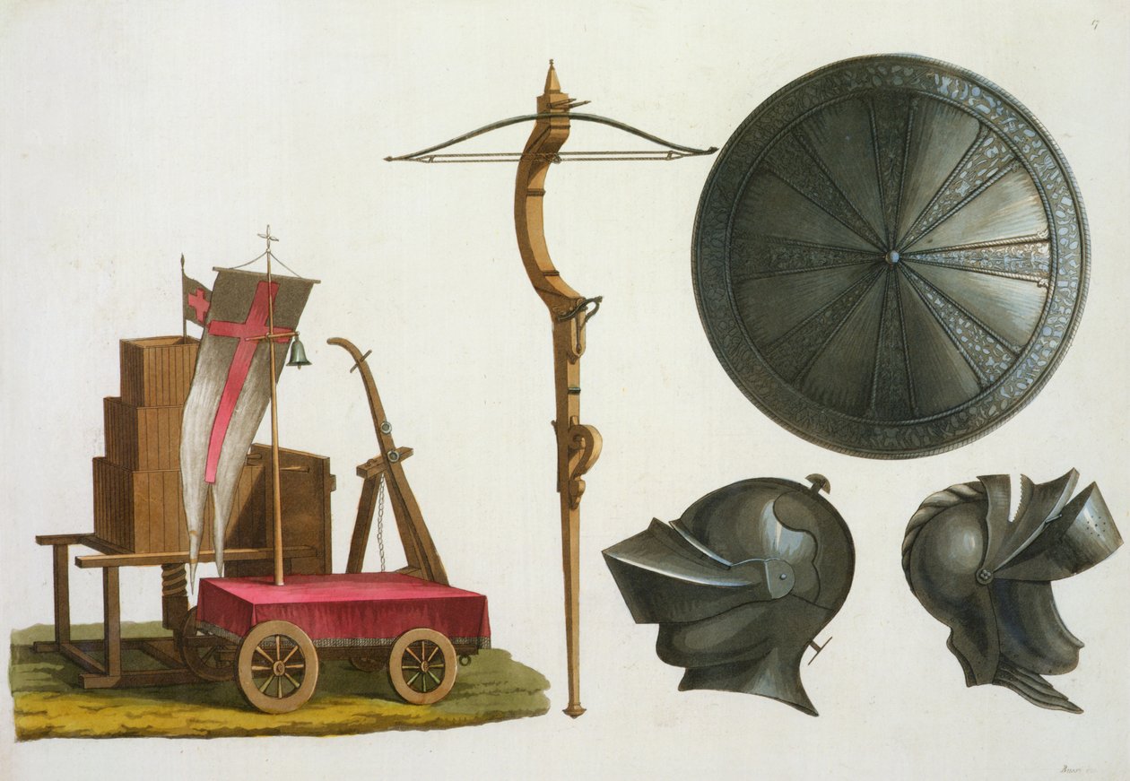 Mlesnese推车，弩和盔甲，来自The Old and Modern Costume的17号板，由Jules Ferrario出版，出版于1820年代至30年代 作者 意大利学校