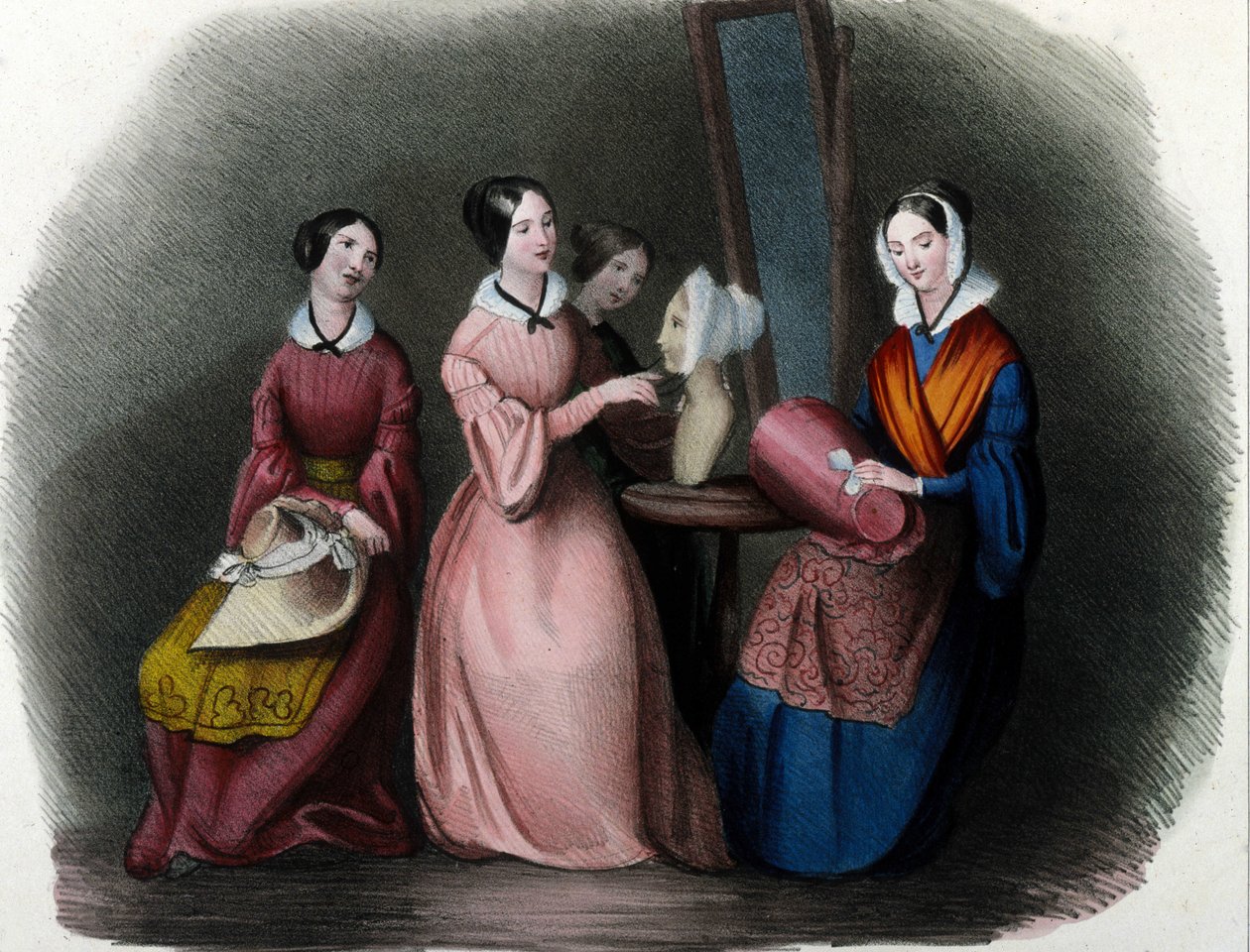 Milanese metier: young women fashioned hats. 1830 Locarno engraving. 作者 意大利学校
