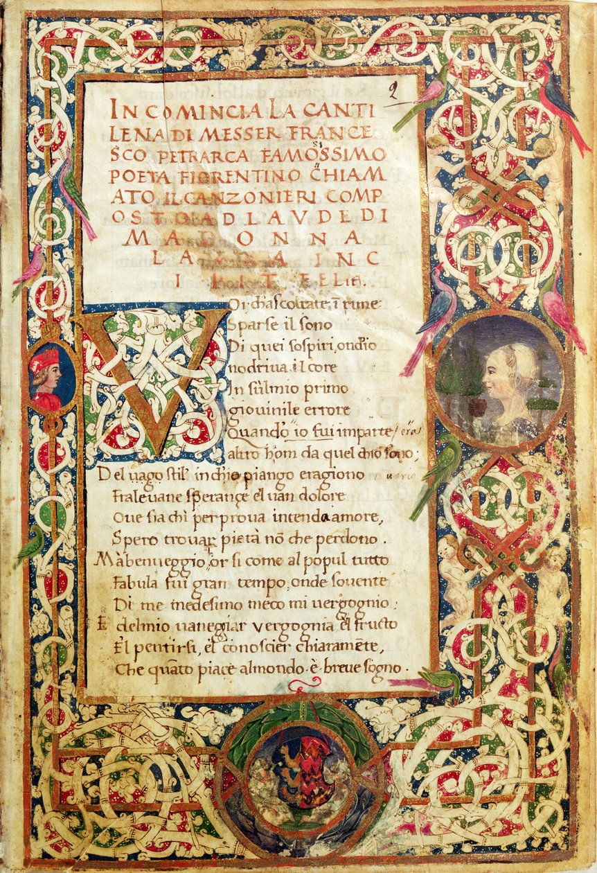 Ms.392 fol.1 赞美劳拉之歌，选自彼特拉克的《Sonetti, Canzoni e Triomphi》。 作者 意大利学校