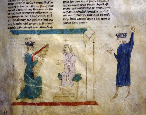 Mrs.59 fol.98r法拉蒙国王的女儿试图从特里斯坦的故事中引诱特里斯坦 作者 意大利学校