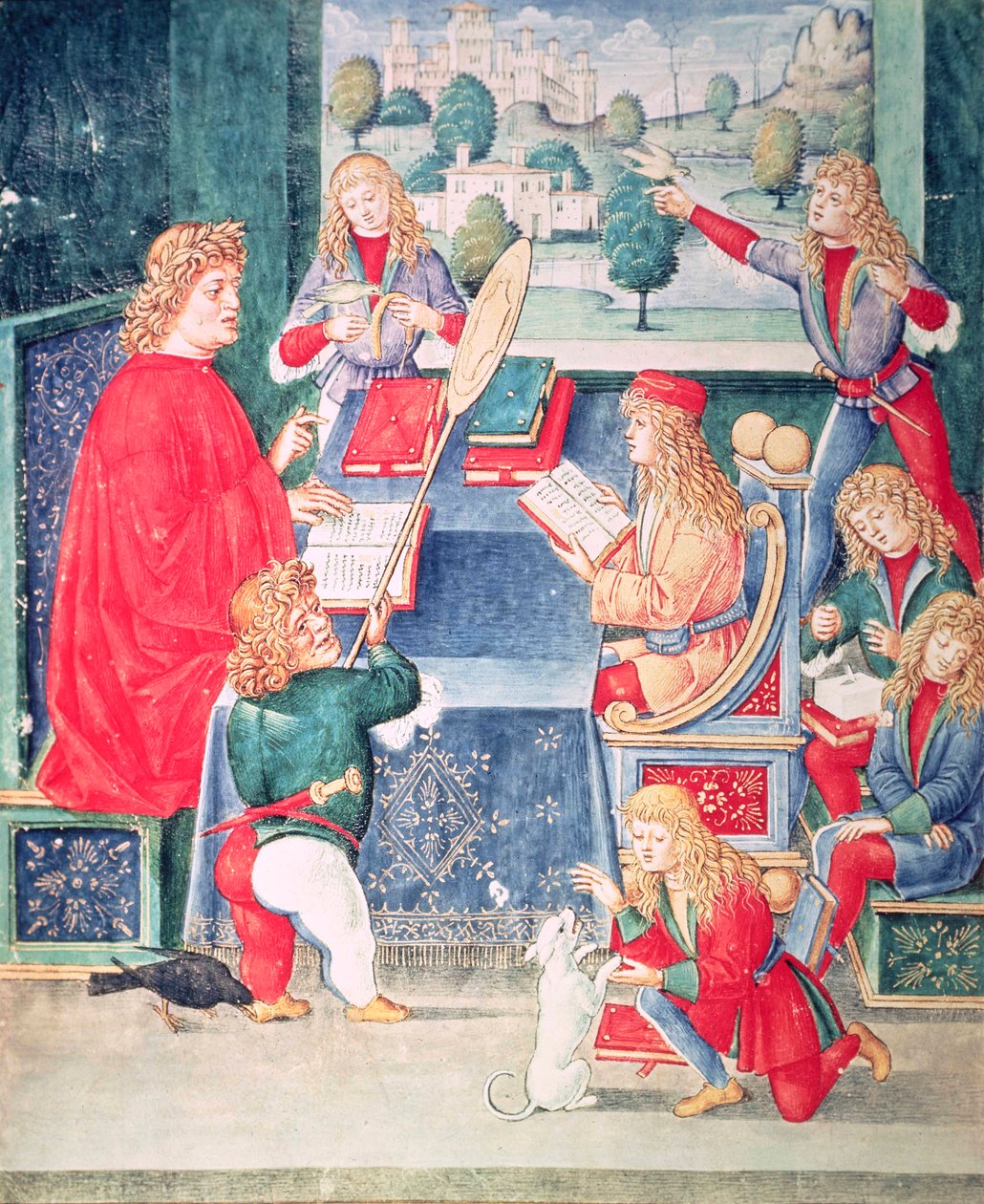 2167 f.13v 女士马克西米利安·斯福尔扎 (Maximilian Sforza) 正在上课，《Donatus Grammatica》中的伦巴底 (Lombard)（牛皮纸） 作者 意大利学校