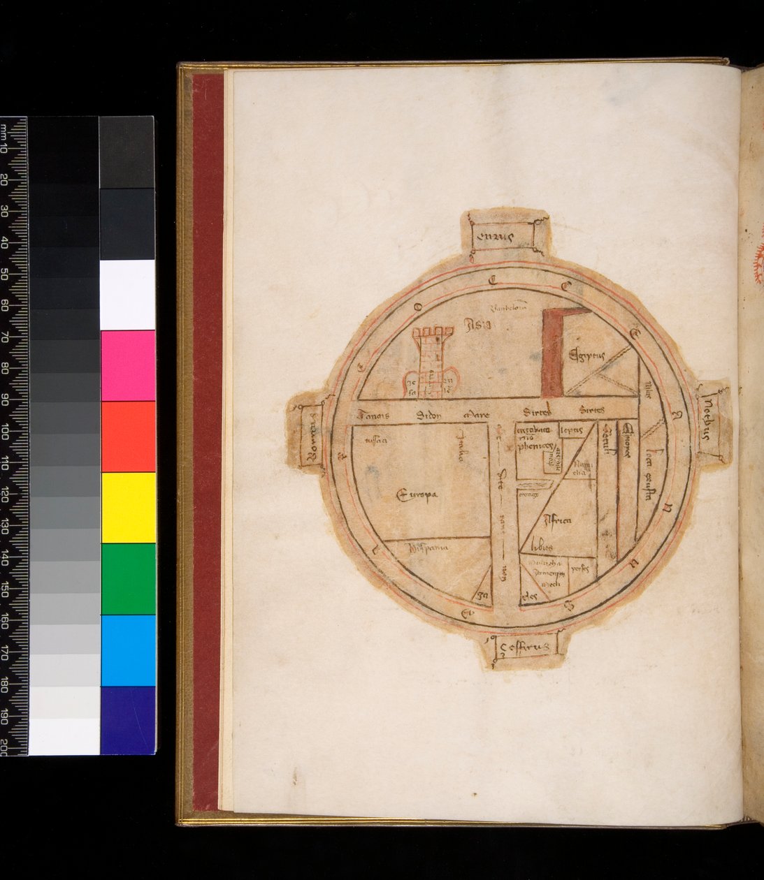 315号文件。Horace, Ars Poetica and Epistulae, f.1v.T-O 世界地图，有一个代表耶路撒冷的塔楼 作者 意大利学校