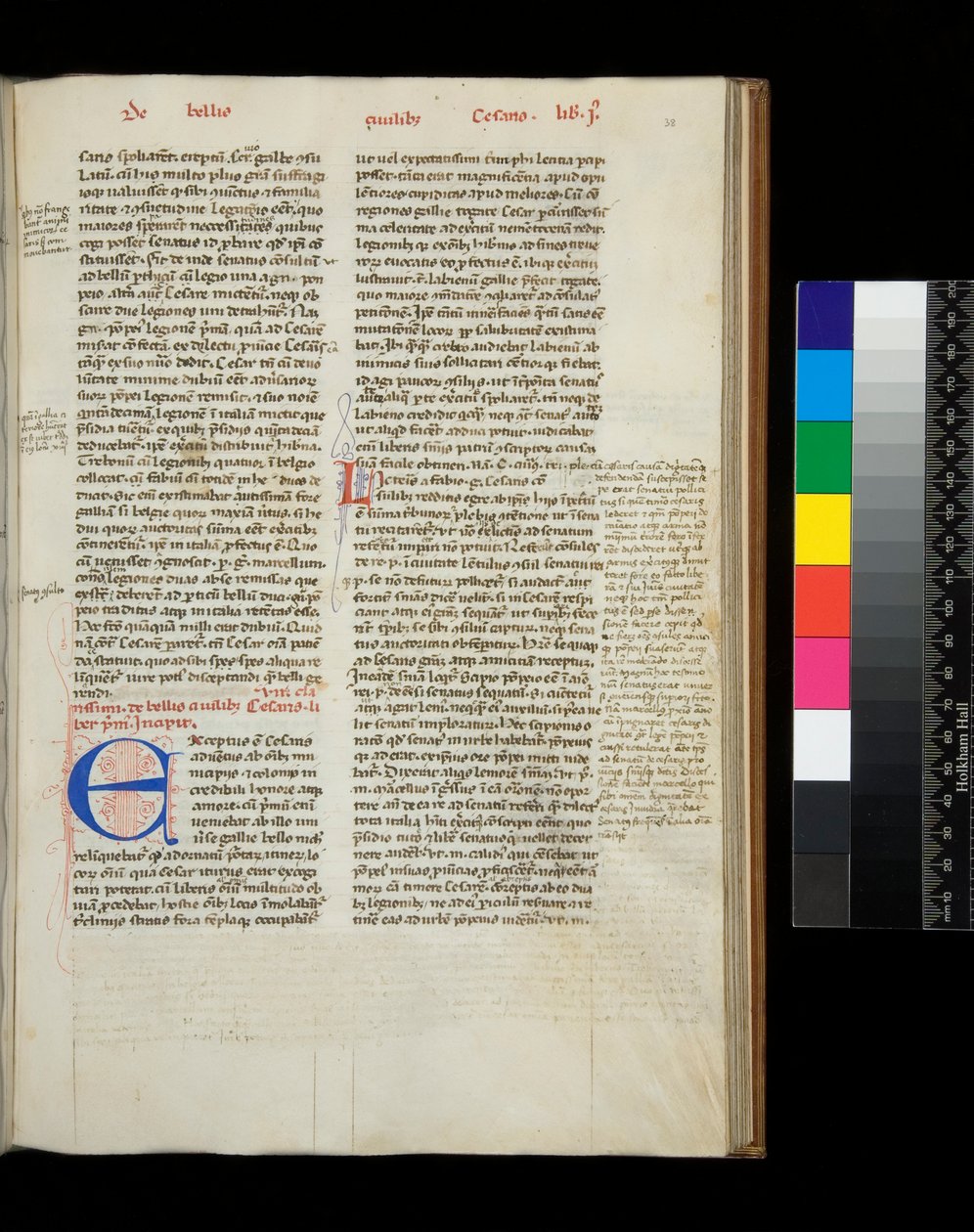 342号文件。凯撒，歌剧，f.38r。蓝色首字母[E]，红色钢笔润色装饰 作者 意大利学校