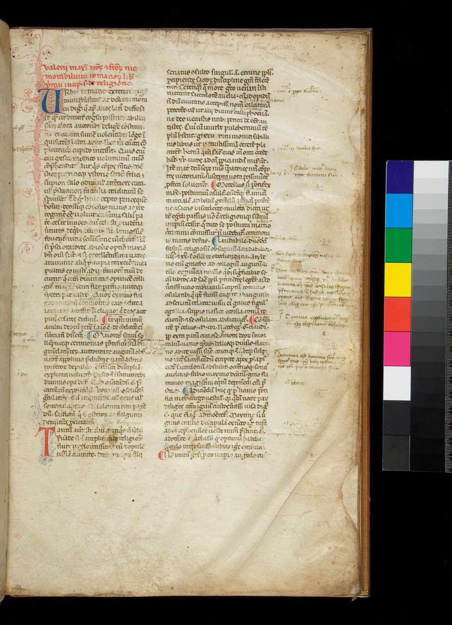 361号文件。Valerius Maximus, Factorum et Dictorum Memorabilium Libri, f.2r.圆润的哥特式半四边形书手的例子，以及带有对比性笔触装饰的彩色首字母。 作者 意大利学校