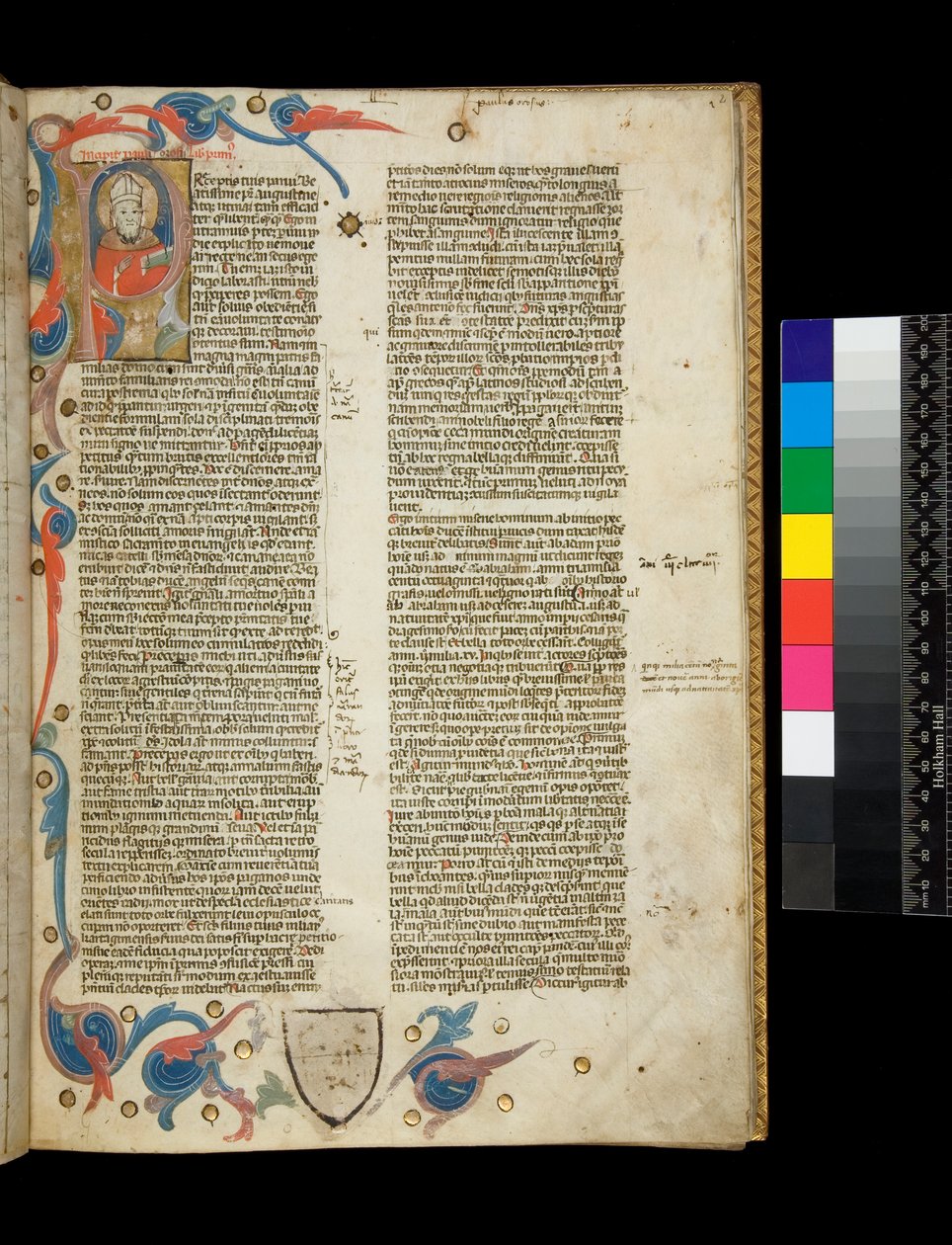 370号文件。Orosius, Historiarum Adversum Paganos Libri Septem, f.2r.有照明的有人居住的首字母[P]，有装扮成主教的作者的肖像，部分边框有叶状图案，博洛尼亚或帕多瓦 作者 意大利学校