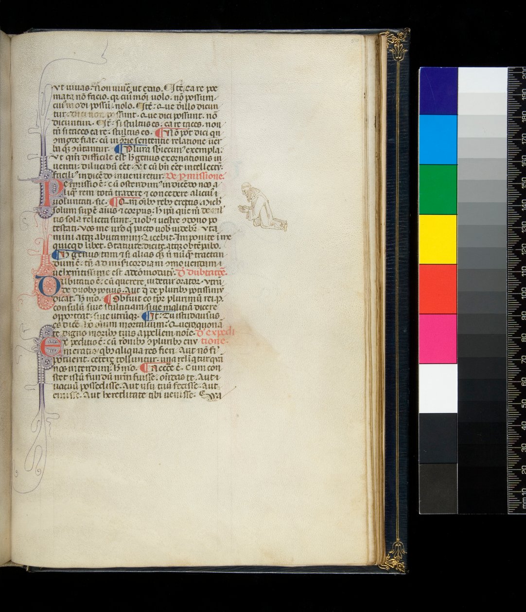 女士373。Pseudo-Cicero，Rhetorica ad Herennium等作品，f.50r。彩笔字母缩写和边缘处的笔法装饰，代表跪着的赤脚和尚，约1337年 作者 意大利学校