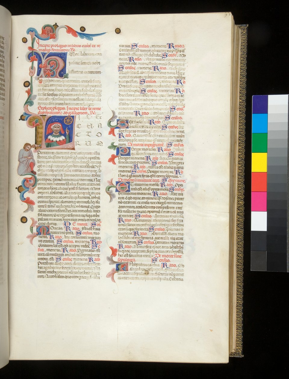 Ms 390. Seneca the Younger, Opera, and Seneca the Elder, Excerpta controversiarum, f.95r. Inhabited initial [L], with portrait of Seneca pointing at the Wheel of Fortune and at a downcast male figure in the border 作者 意大利学校