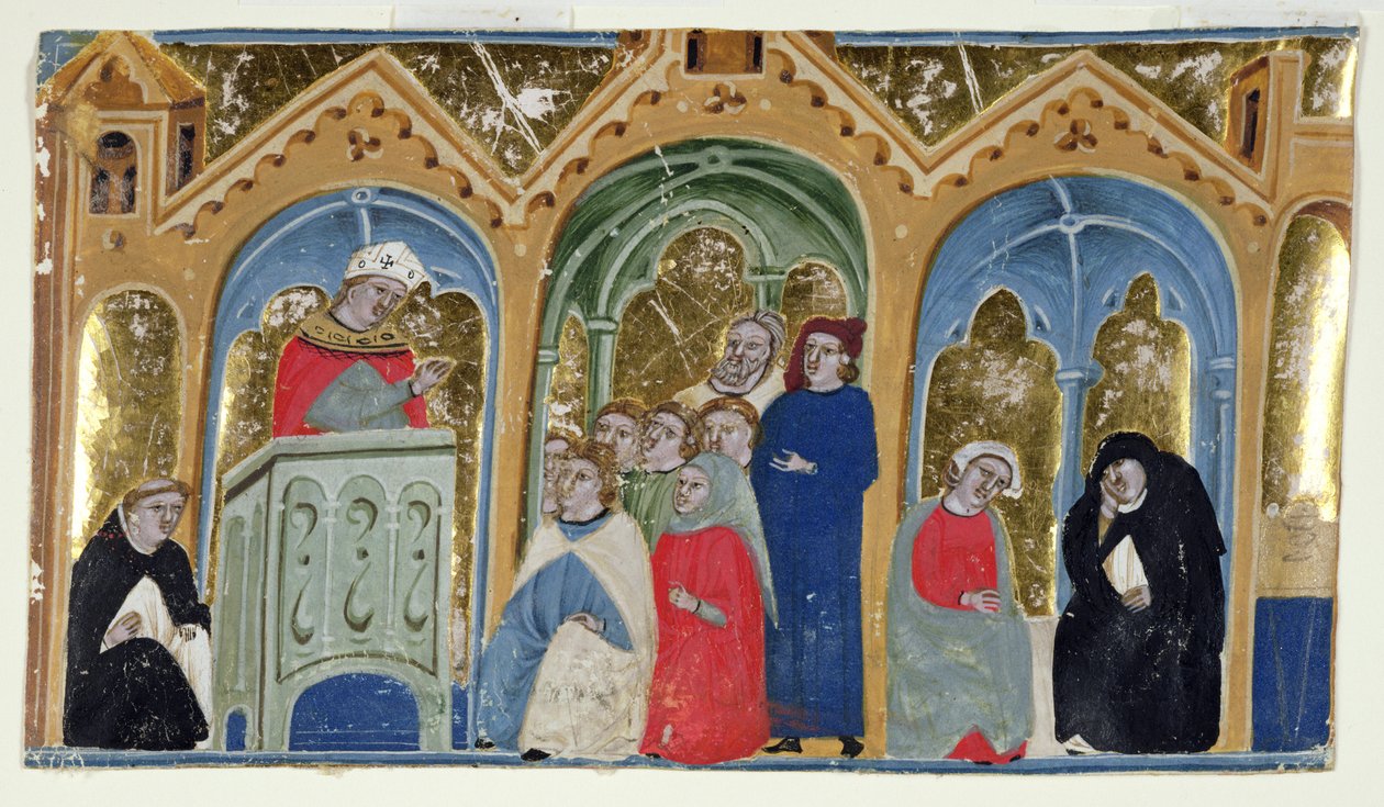 400-2000女士：来自Gratians Decretum的缩影，向主教宣讲一位主教，c.1325-30 作者 意大利学校