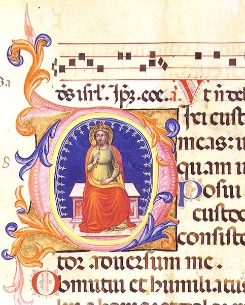 Ms 559 f.38v 历史性的首字母 "O"，描绘了圣马太，出自新圣母院的诗篇，由保罗-索尔蒂尼（Fl.1342-86）绘制。 作者 意大利学校