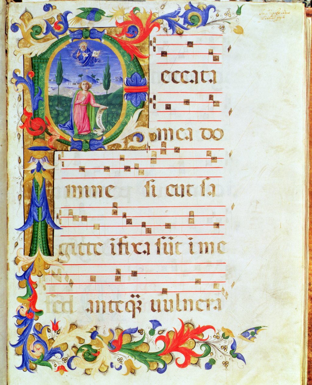 Ms 577 f.1 历史悠久的首字母“P”，描绘了荒野中的男性人物，来自“Messale di Sant