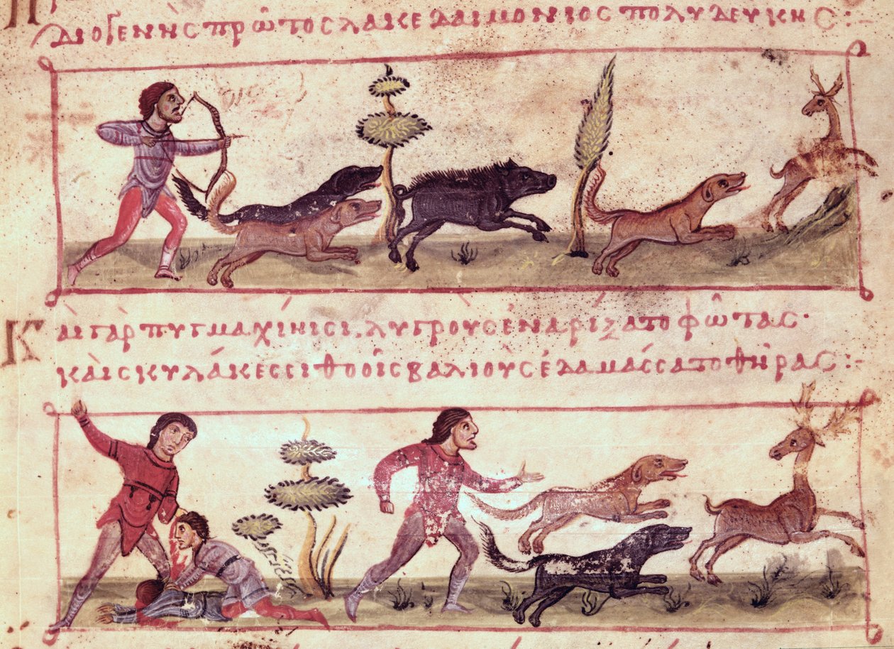 Grec 479 Deer Hunting女士，Oppian的Cynegetica插图（牛皮纸上的蛋彩画） 作者 意大利学校