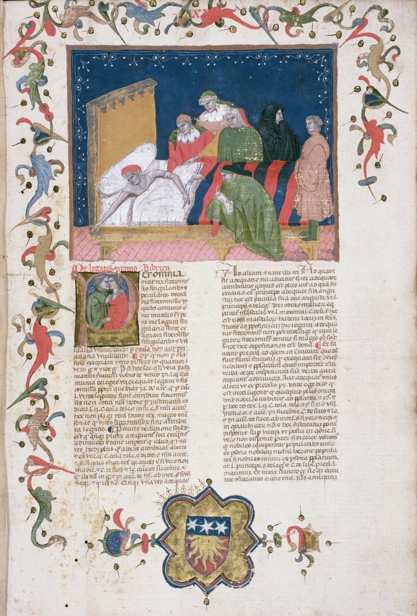 亨特女士 6 f.1r 一个人立遗嘱，选自 Bartoli de Saxoferrato（1314-57 年）的 "Lectura super Infortiato"（牛皮纸）。 作者 意大利学校