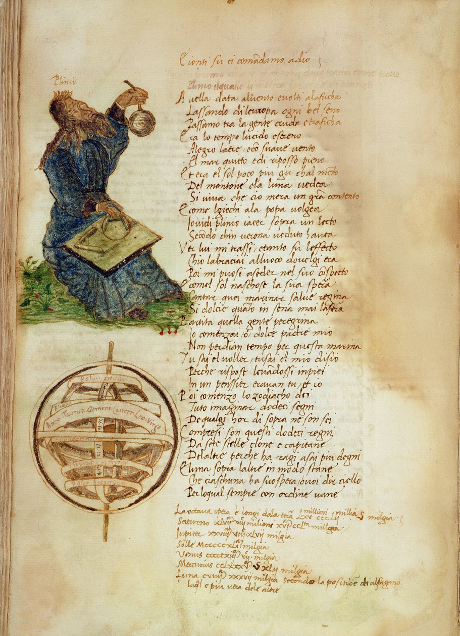 Ms Ital 483 P.4.7 f.155v 老普林尼（公元 23-79 年）出自 Fazio degli Uberti 的《Dittamondo》（牛皮纸） 作者 意大利学校