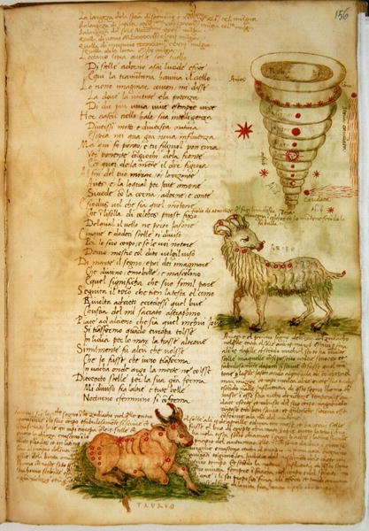 Ms Ital 483 P.4.7 f.156v 白羊座和金牛座，来自 Fazio degli Uberti 的“Dittamondo”（牛皮纸） 作者 意大利学校