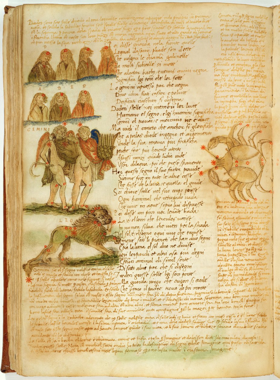 Ms Ital 483 P.4.7 f.156v 《双子座》、《狮子座》和《巨蟹座》，选自 Fazio degli Uberti 的《Dittamondo》（牛皮纸） 作者 意大利学校