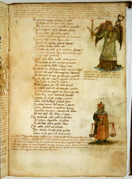 Ital 483 号女士 P.4.7 f.157r 处女座和天秤座，选自 Fazio degli Uberti 的《Dittamondo》（牛皮纸）。 作者 意大利学校