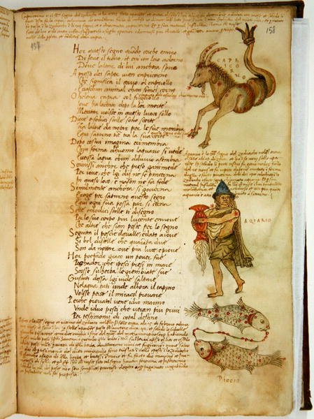 Ms Ital 483 P.4.7 f.158r 摩羯座、宝瓶座和双鱼座，选自 Fazio degli Uberti 的 "Dittamondo"（牛皮纸）。 作者 意大利学校