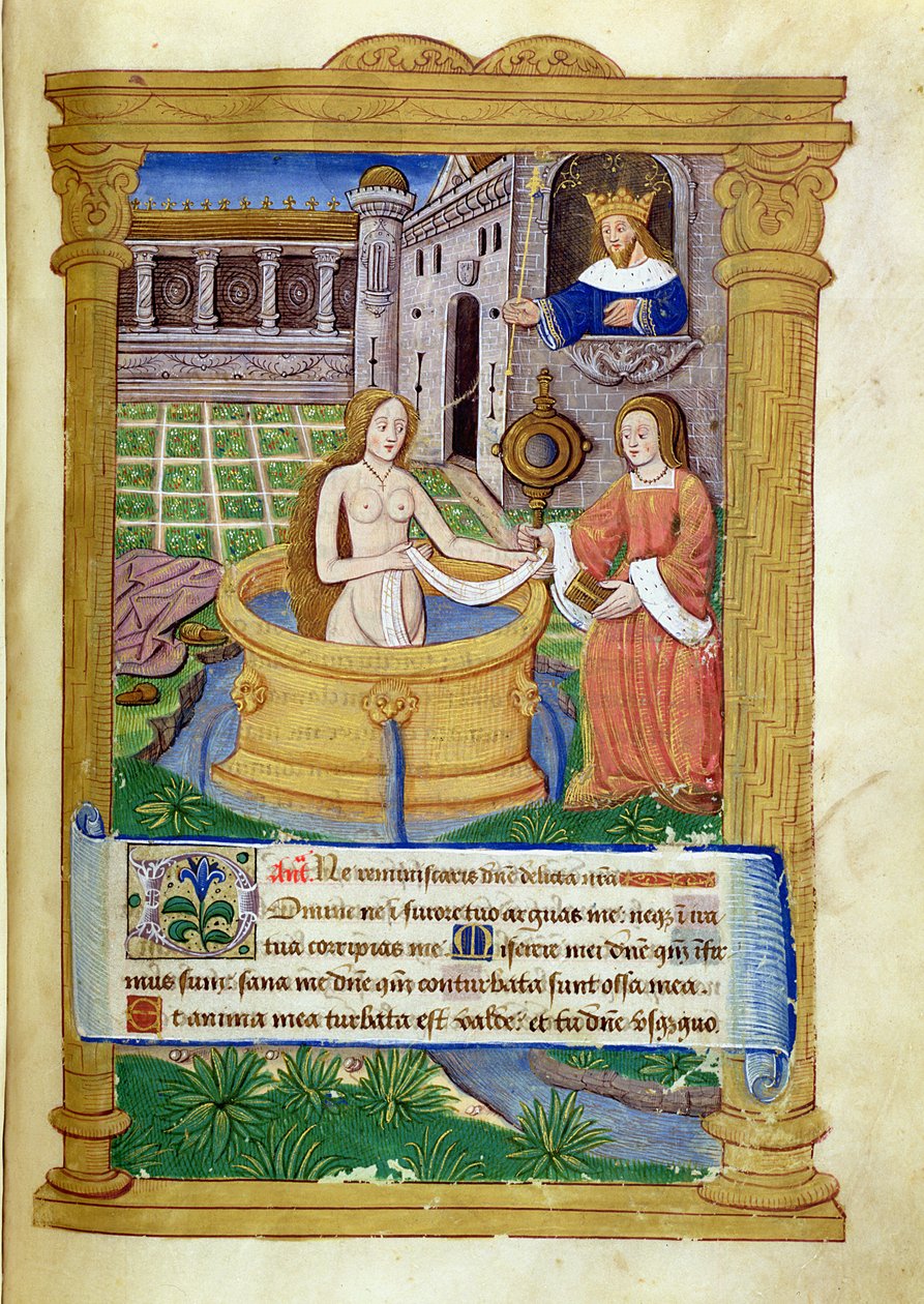Ms Lat 623 P.6.23 f.49r David 和 Bathsheba，来自“圣母办公室”（牛皮纸） 作者 意大利学校